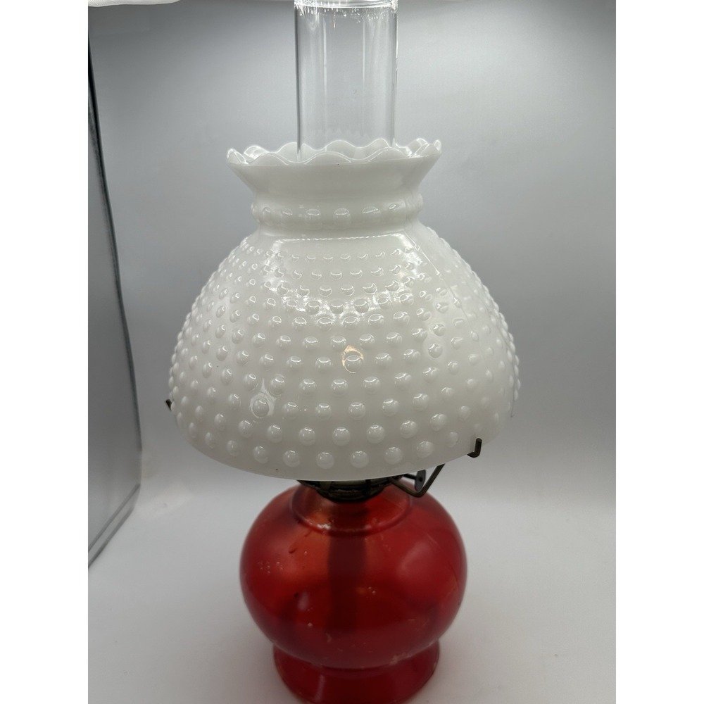 Vintage Red Glass Hurricane Oil Lamp Eagle‎ Burner w/Milk Glass Hobnail Shade